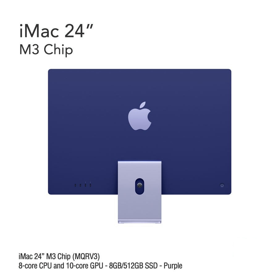 iMac 24" M3 Chip (MQRK3) with 8-core CPU and 10-core GPU - 8GB/512GB SSD - Purple